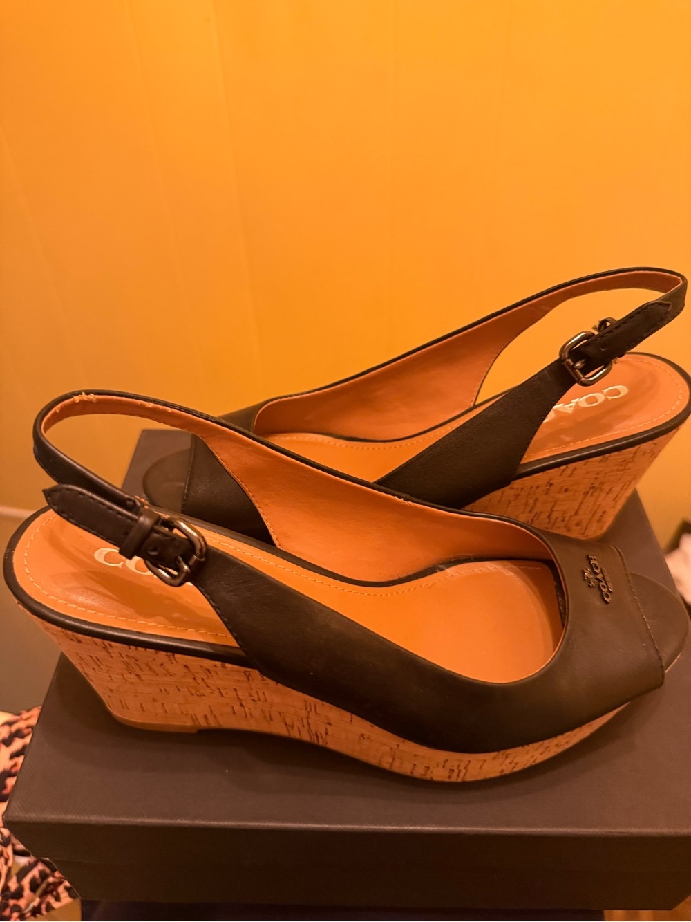 Coach Black Leather Cork Wedge Slingback Sandals